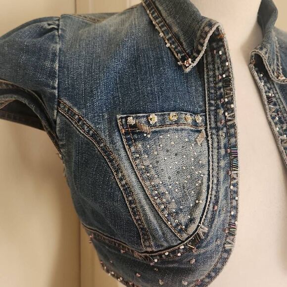 twentyone 21 upcycled Denim Bolero Jacket, Cropped, Embellished, S - Picture 2 of 6